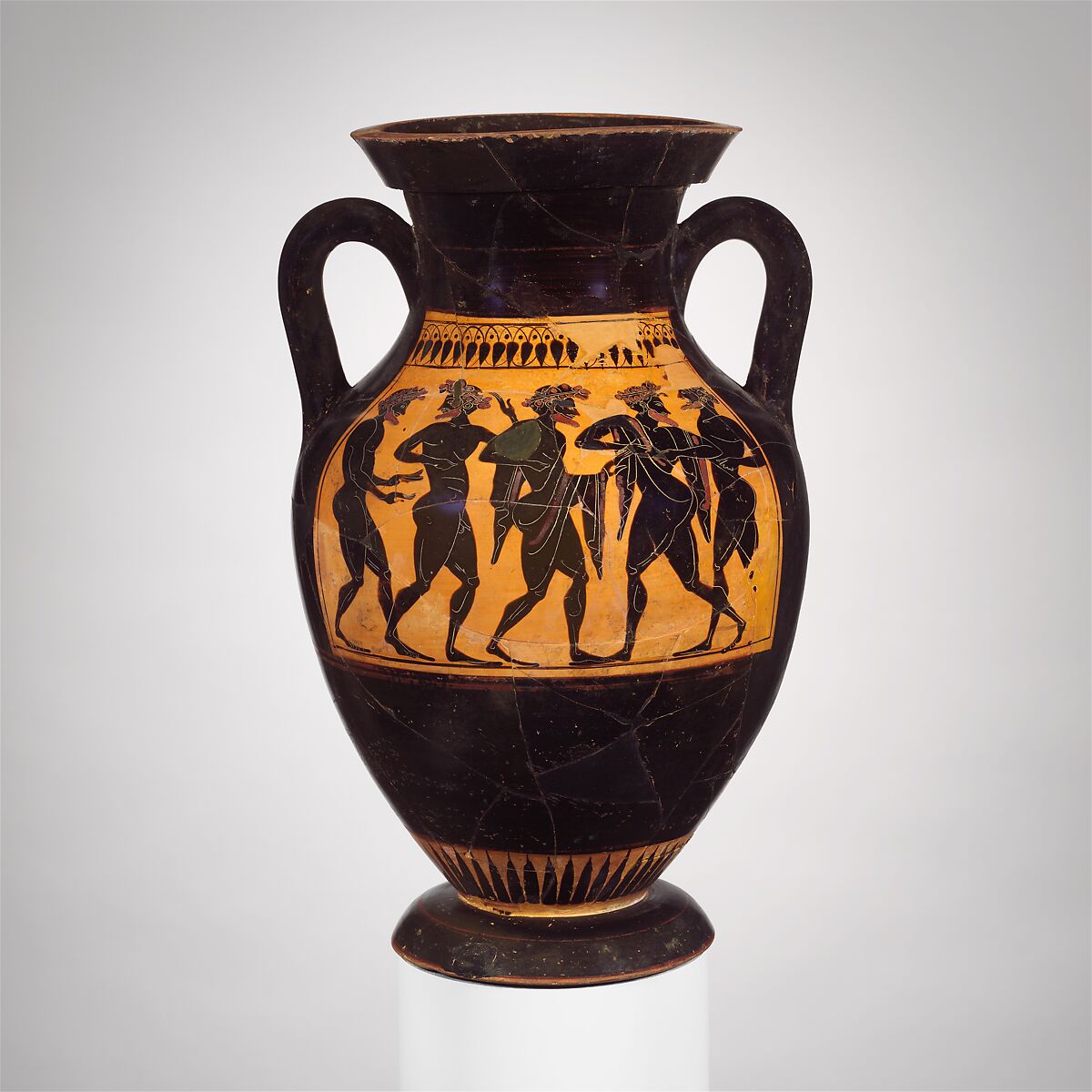 Terracotta amphora (jar), Attributed to the Acheloös Painter, Terracotta, Greek, Attic 