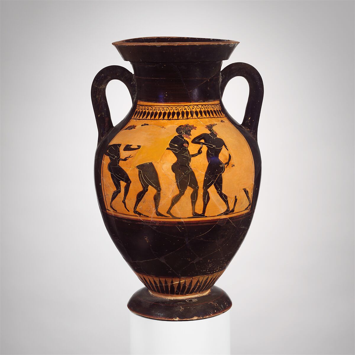 Terracotta amphora (jar), Attributed to the Acheloös Painter, Terracotta, Greek, Attic