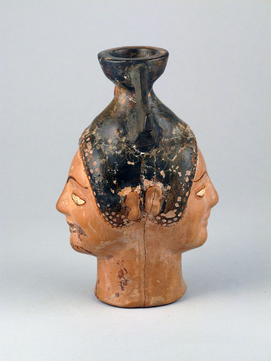 Aryballos in the form of two women's heads conjoined, Terracotta, Greek, Attic 