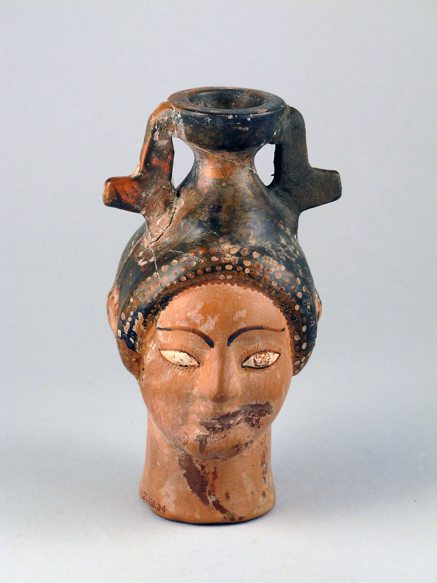 Aryballos in the form of two women's heads conjoined, Terracotta, Greek, Attic