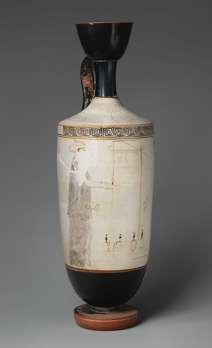 Terracotta lekythos (oil flask), Attributed to the Bosanquet Painter, Terracotta, Greek, Attic 