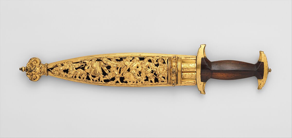 Swiss Dagger with Sheath, Bodkin, and By-Knife, Steel, gold, bronze, wood, textile, Swiss