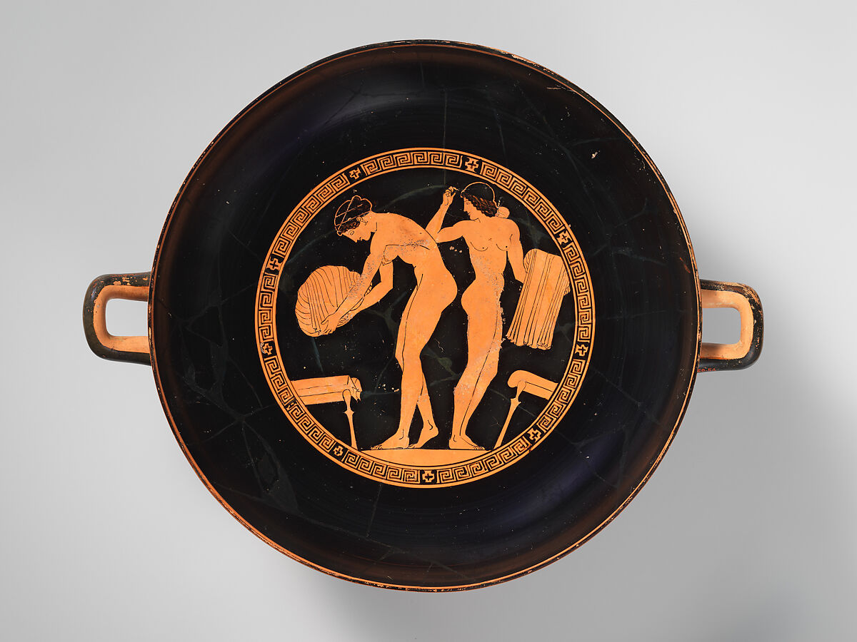 Terracotta kylix (drinking cup), Attributed to Douris, Terracotta, Greek, Attic 