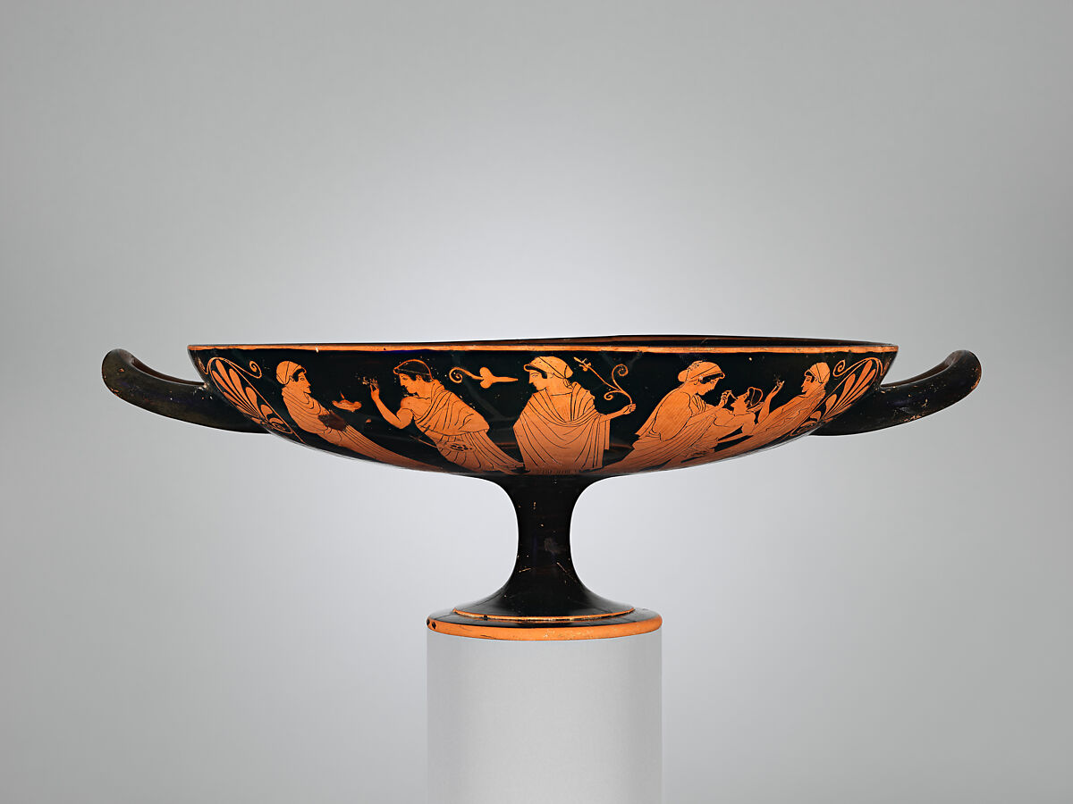 Terracotta kylix (drinking cup), Attributed to Douris, Terracotta, Greek, Attic