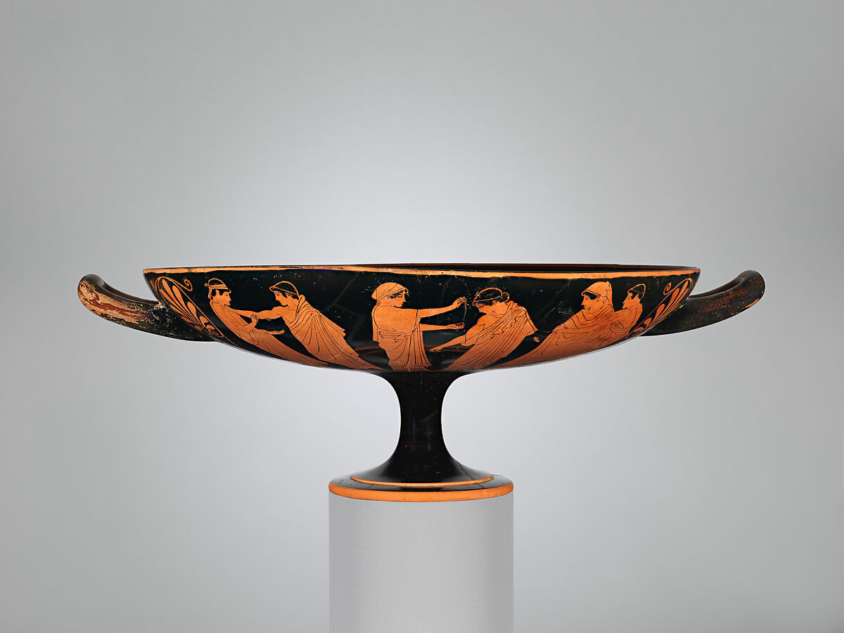 Terracotta kylix (drinking cup), Attributed to Douris, Terracotta, Greek, Attic