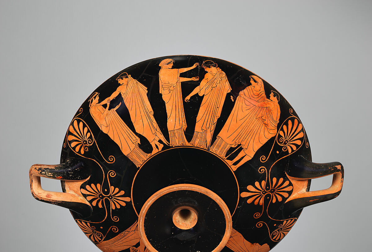 Terracotta kylix (drinking cup), Attributed to Douris, Terracotta, Greek, Attic
