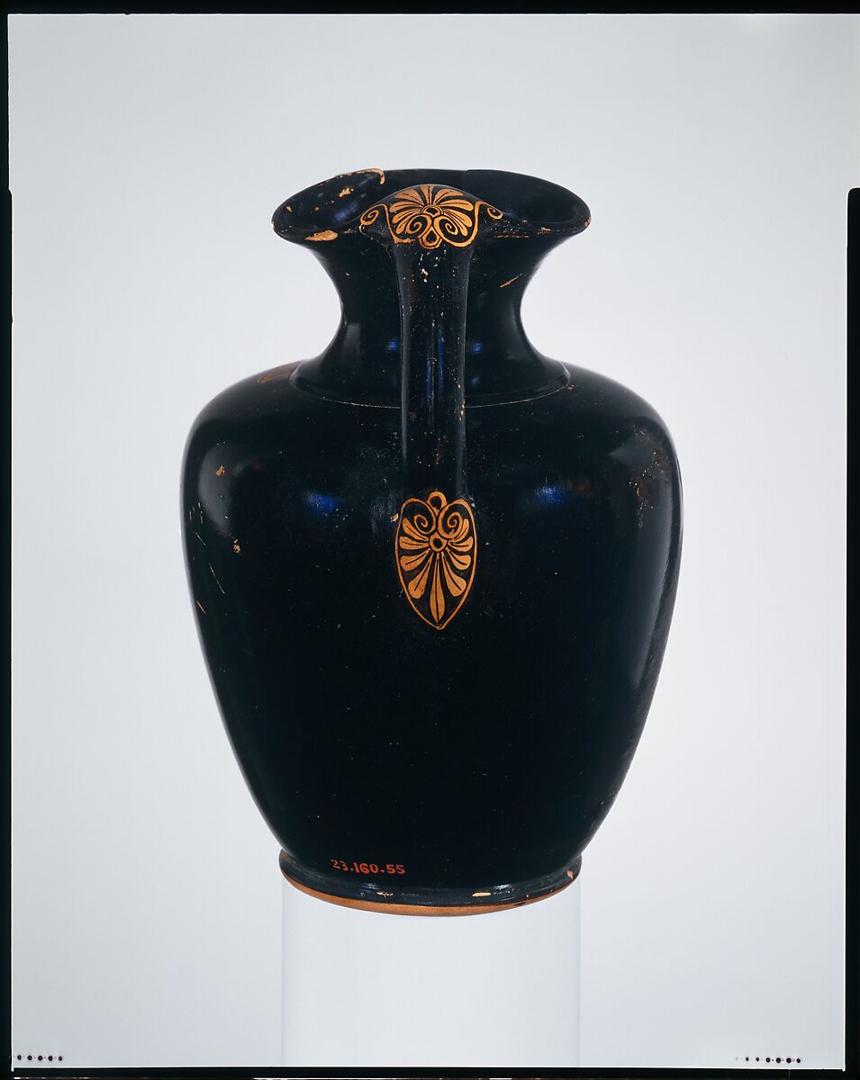 Terracotta oinochoe: chous (jug), Attributed to the Pan Painter, Terracotta, Greek, Attic