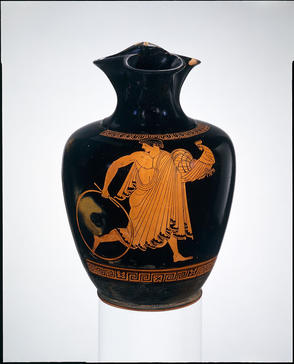 Terracotta oinochoe: chous (jug), Attributed to the Pan Painter, Terracotta, Greek, Attic 