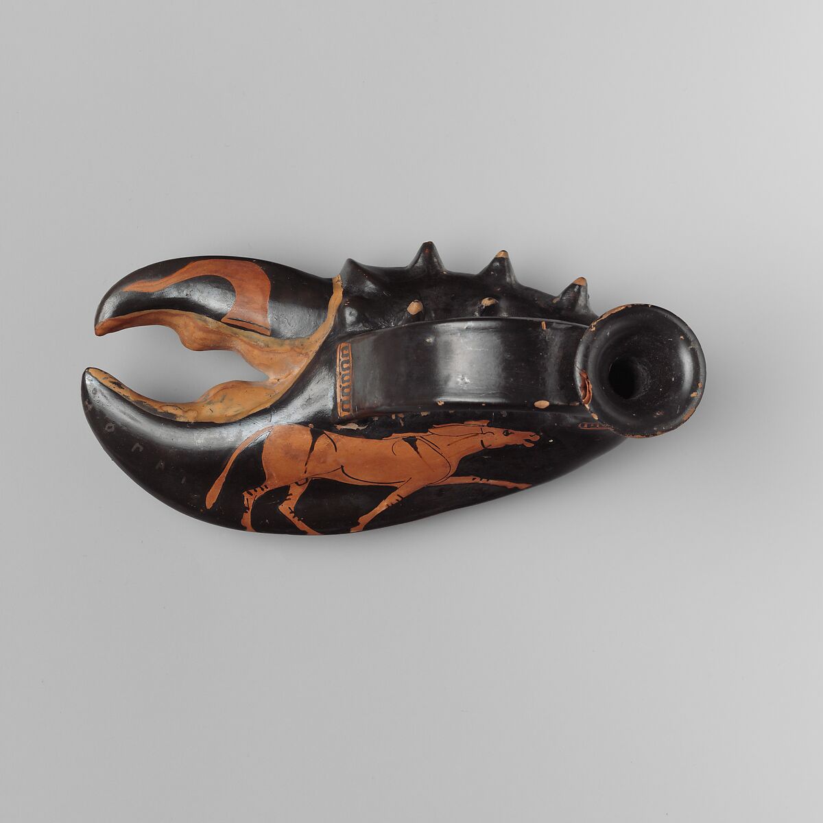 Terracotta vase in the form of a lobster claw, Attributed to the Class of Seven Lobster-Claws 
, Terracotta, Greek, Attic