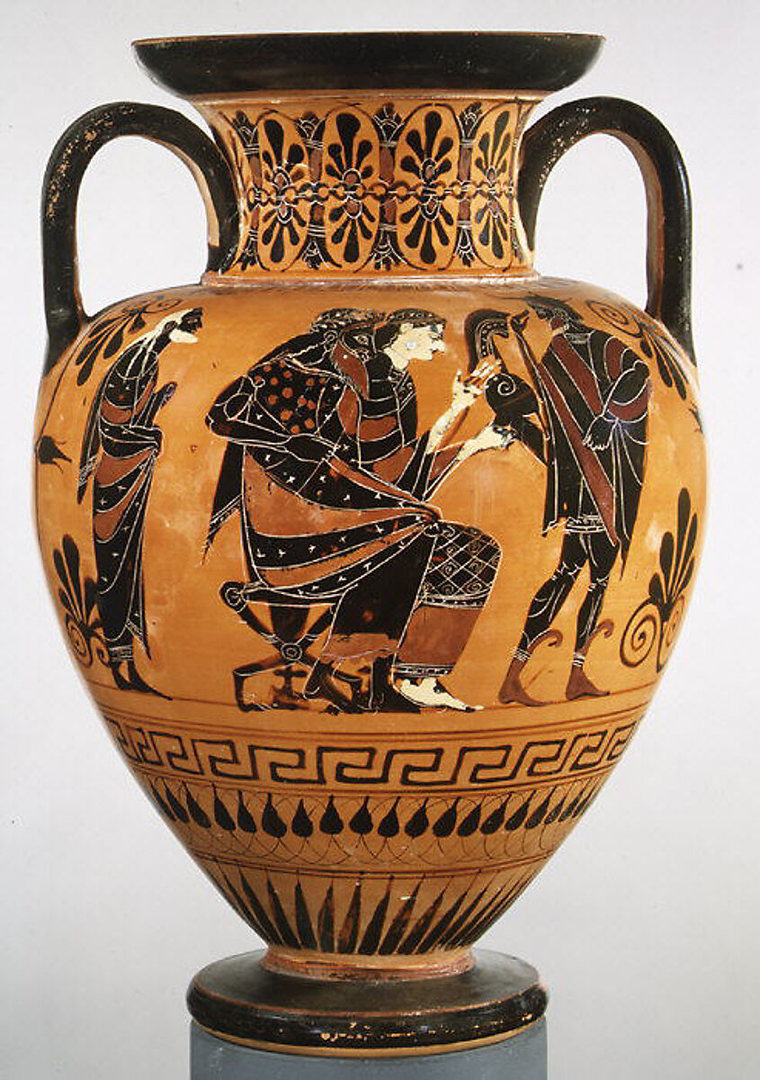 Terracotta neck-amphora (jar), Attributed to the manner of the Lysippides Painter, Terracotta, Greek, Attic 