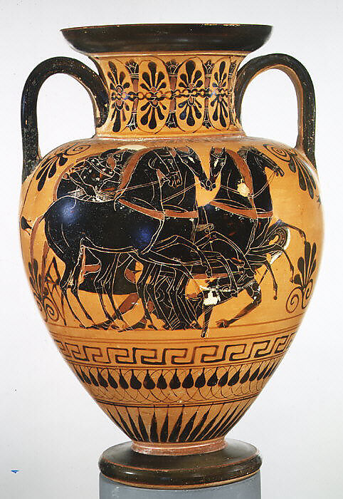 Terracotta neck-amphora (jar), Attributed to the manner of the Lysippides Painter, Terracotta, Greek, Attic