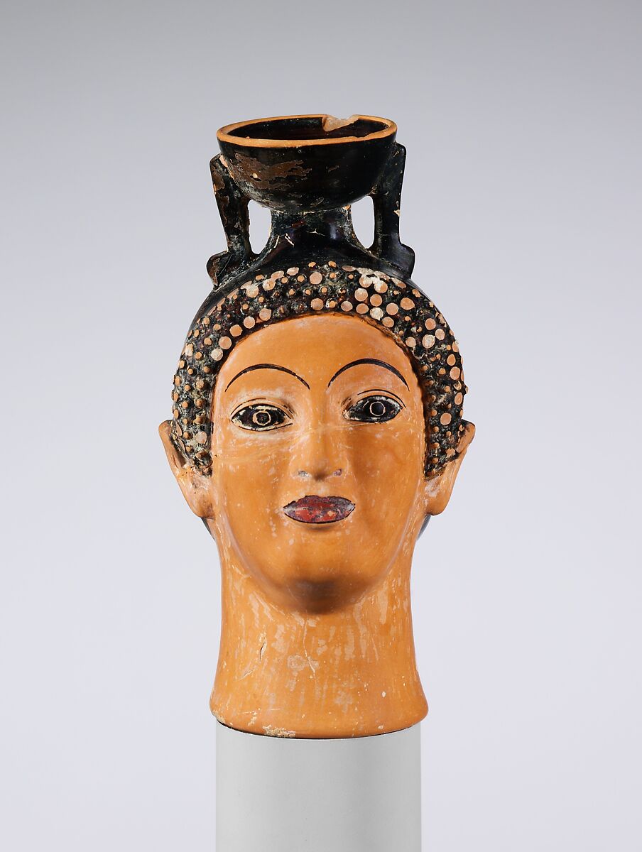 Terracotta aryballos (perfume bottle) in the shape of a woman's head, Attributed to the Oxford Class of Head Vases, Terracotta, Greek, Attic 