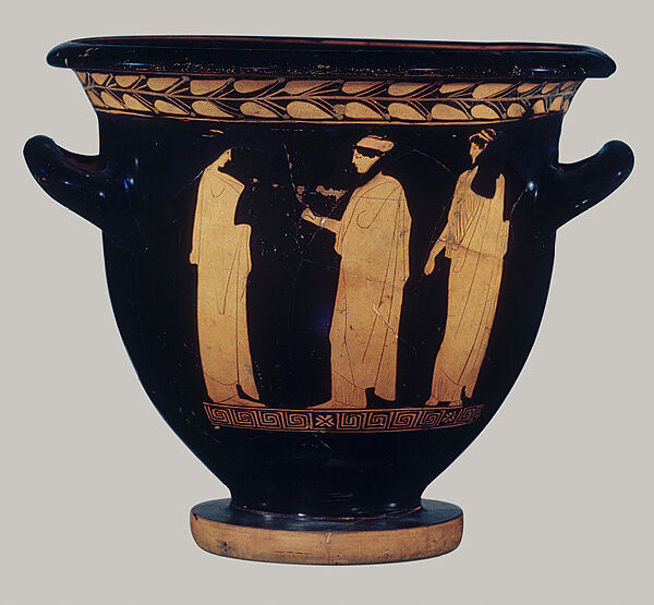 Terracotta bell-krater (bowl for mixing wine and water), Attributed to the Danaë Painter, Terracotta, Greek, Attic