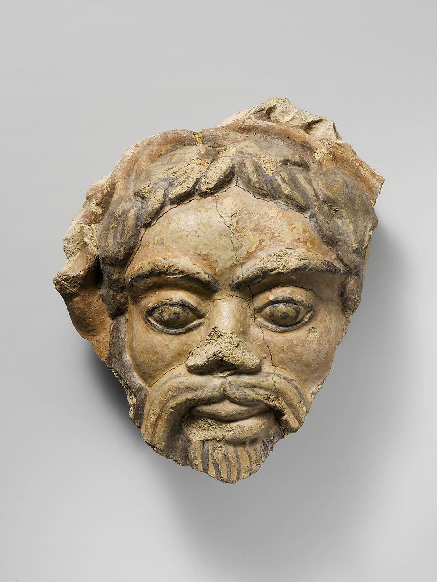 Antefix, head of satyr, Terracotta, Etruscan 