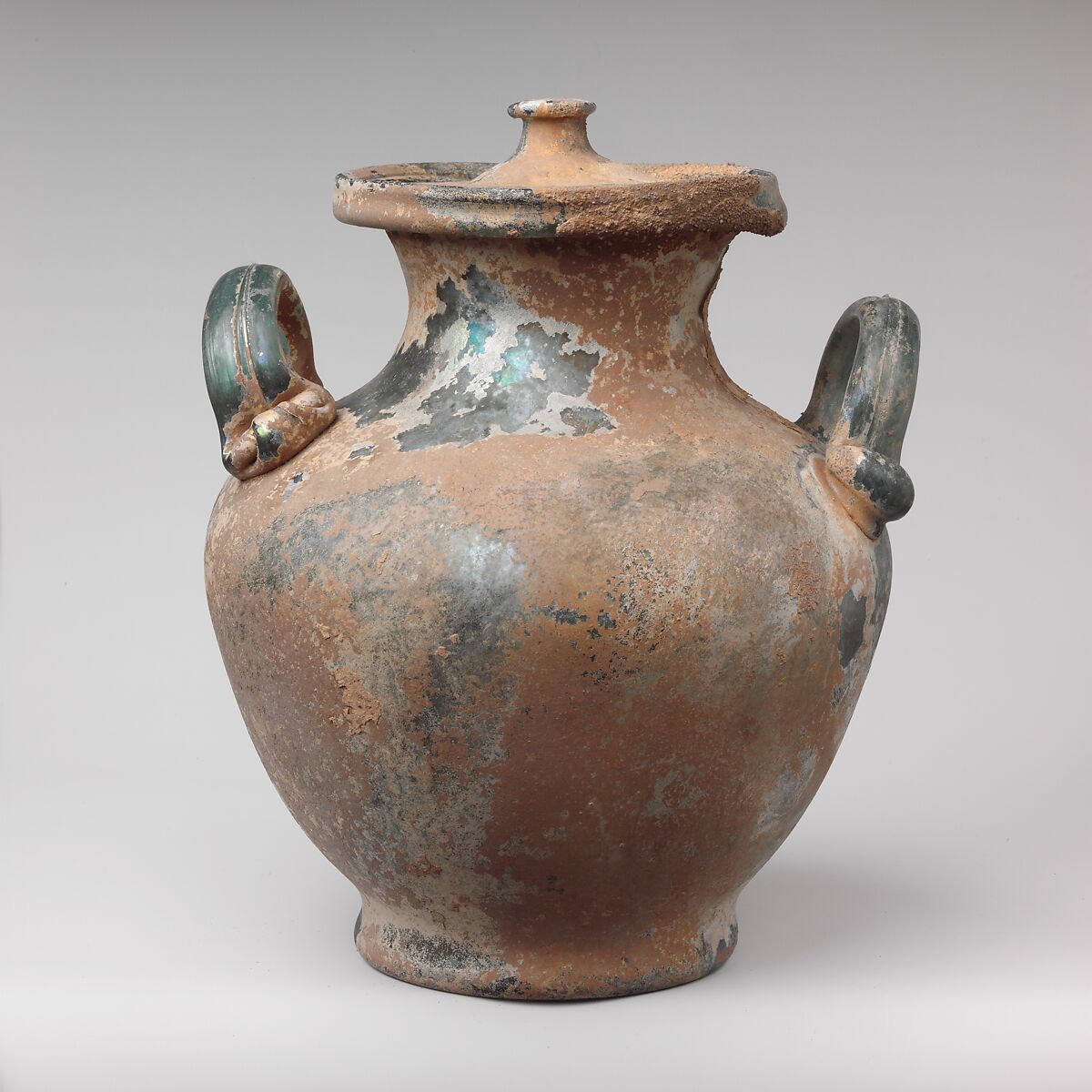 Glass cinerary urn with lid, Glass, Roman 