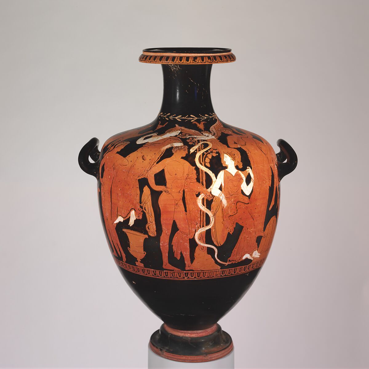 Terracotta hydria (water jar), Attributed to the Hesperides Painter, Terracotta, Greek, Attic 