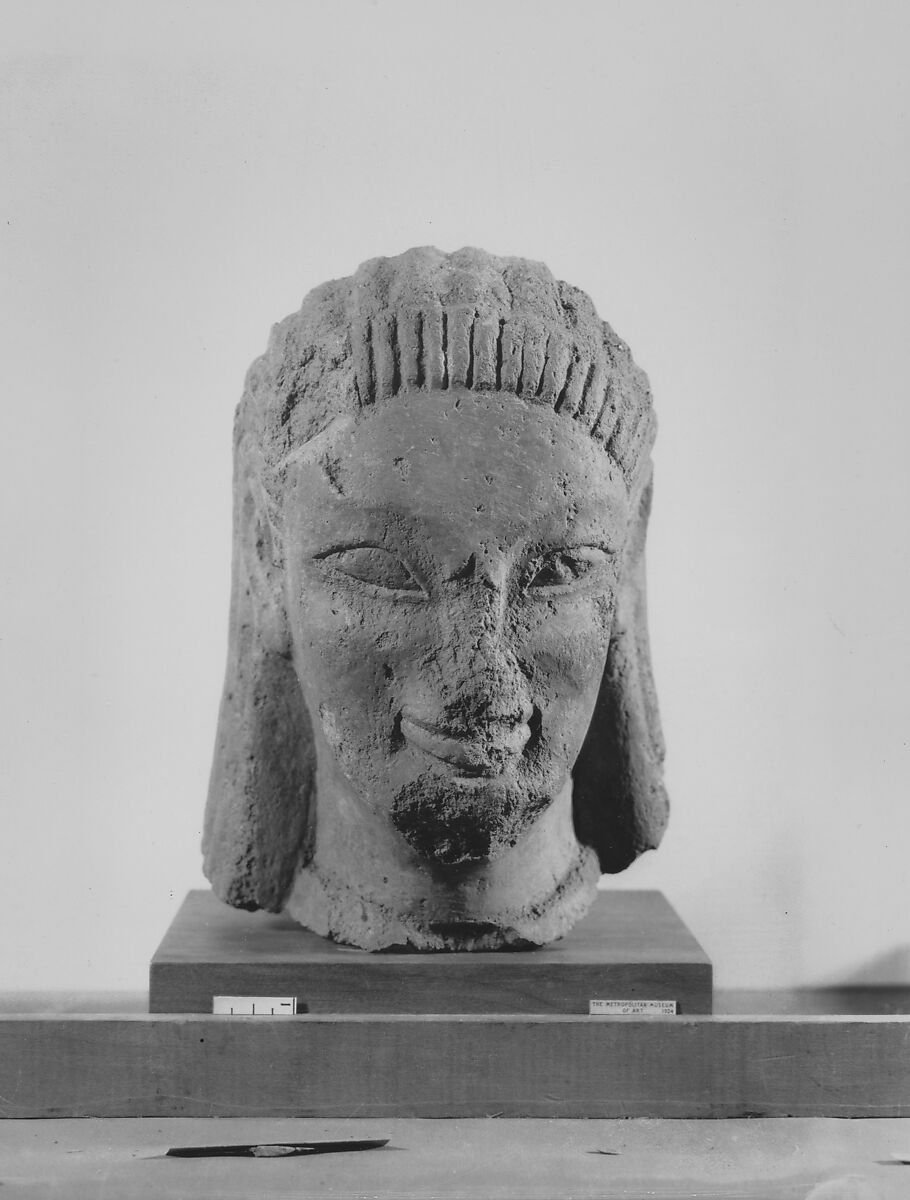 Tufa head of sphinx or siren, Tufa, Etruscan, probably Vulcian
