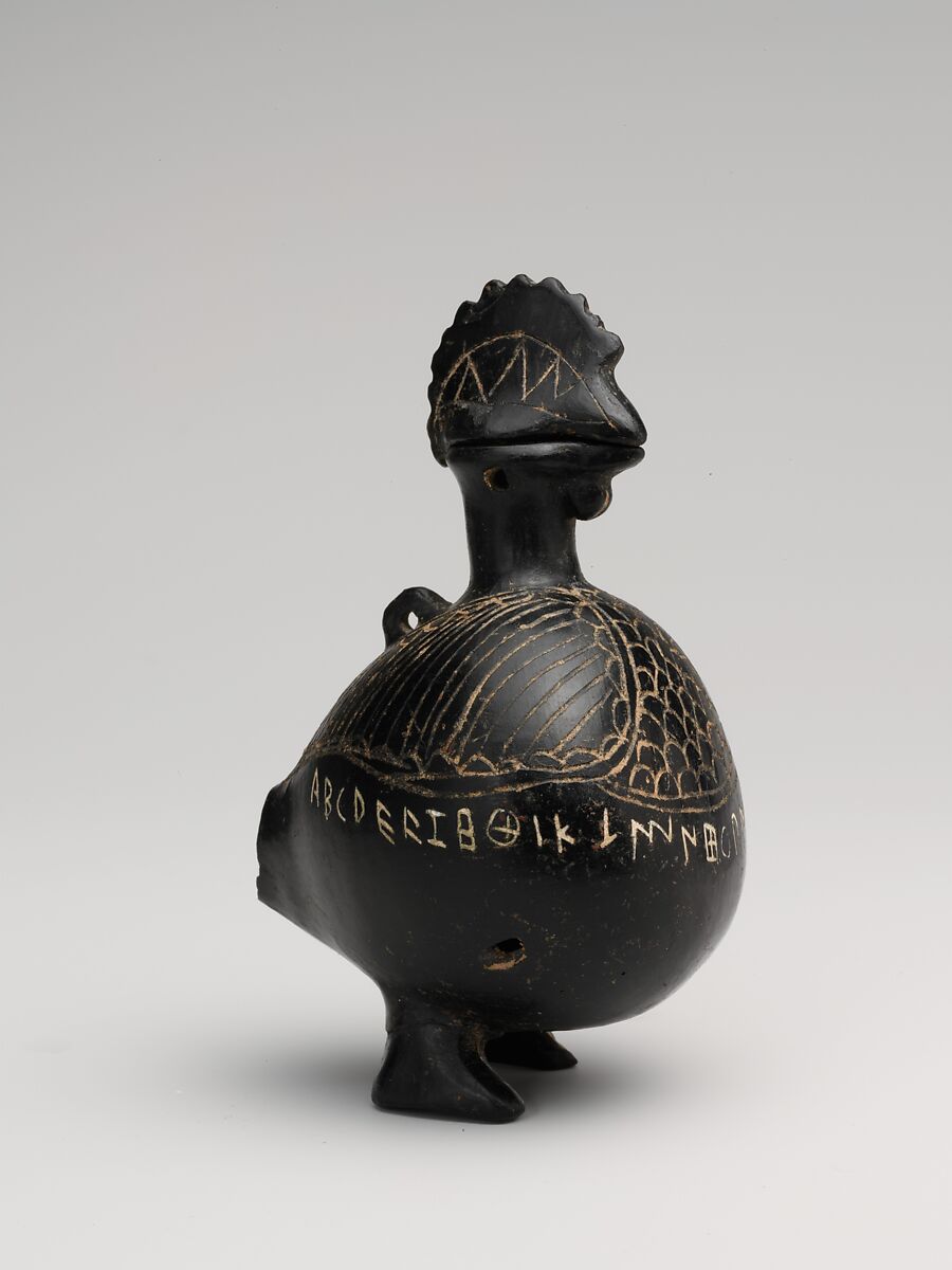 Terracotta vase in the shape of a cockerel, Terracotta, Etruscan 