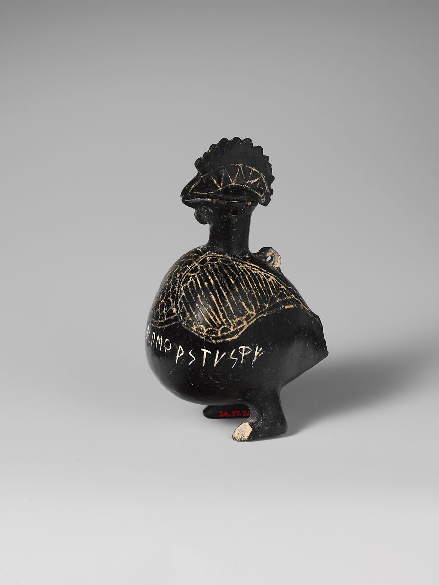 Terracotta vase in the shape of a cockerel, Terracotta, Etruscan