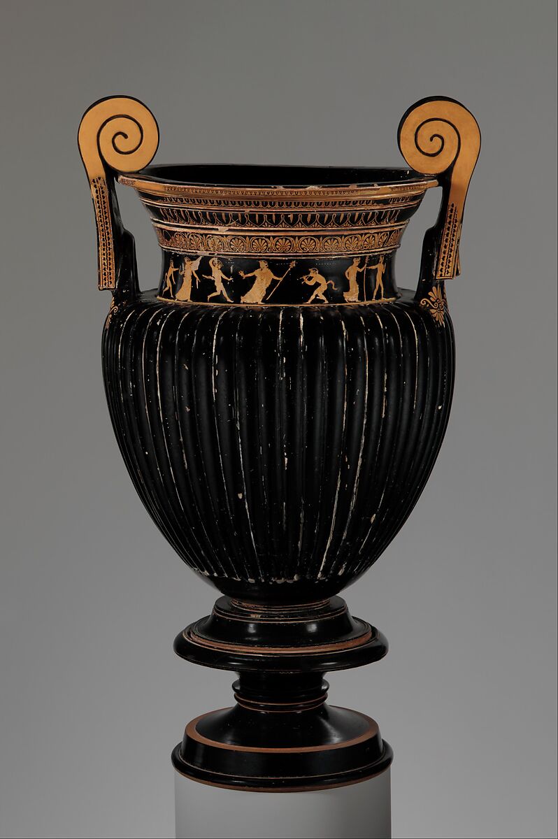 Terracotta volute-krater (bowl for mixing wine and water) with stand, Terracotta, Greek, Attic 