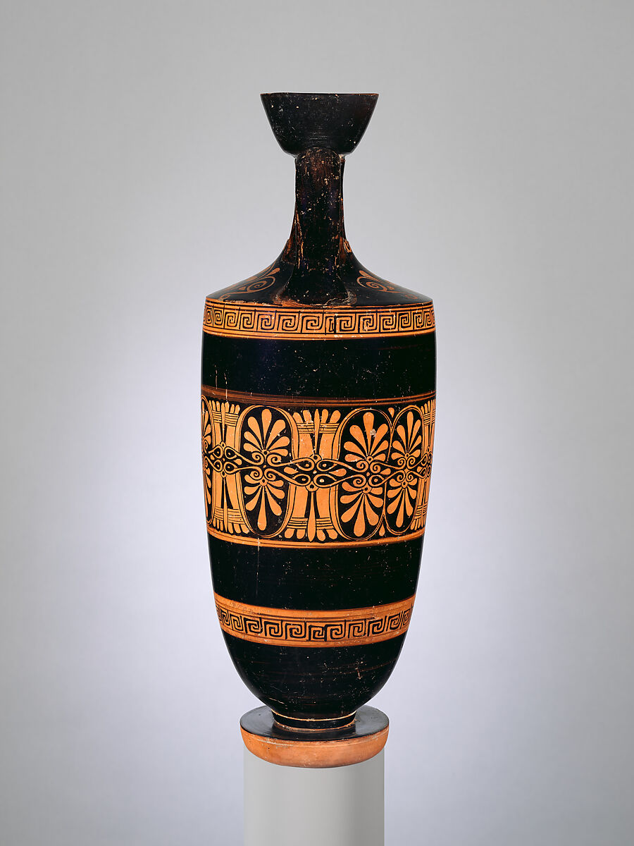 Terracotta lekythos (oil flask), Attributed to the Workshop of the Nikon Painter, Terracotta, Greek, Attic