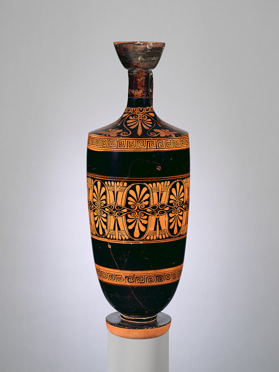 Terracotta lekythos (oil flask), Attributed to the Workshop of the Nikon Painter, Terracotta, Greek, Attic