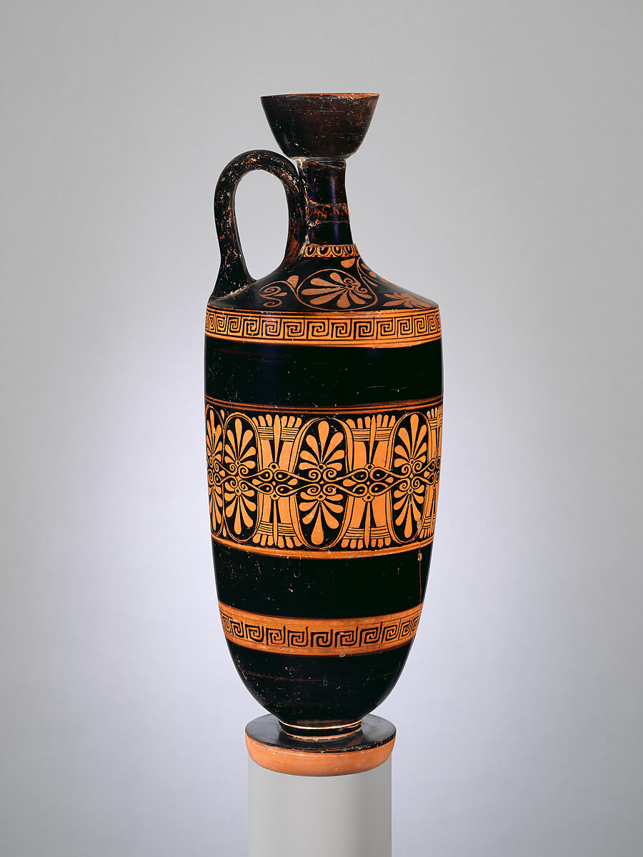 Terracotta lekythos (oil flask), Attributed to the Workshop of the Nikon Painter, Terracotta, Greek, Attic 