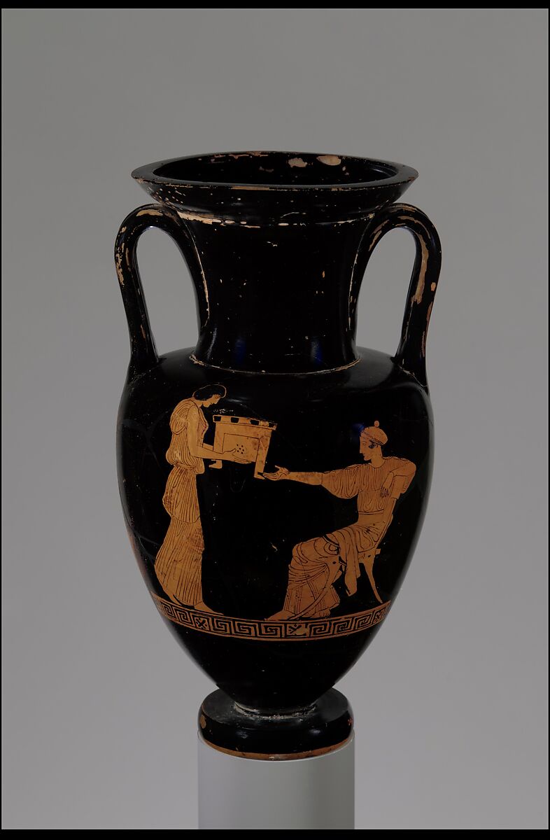 Terracotta Nolan neck-amphora (jar), Attributed to the Painter of London E 317, Terracotta, Greek, Attic 