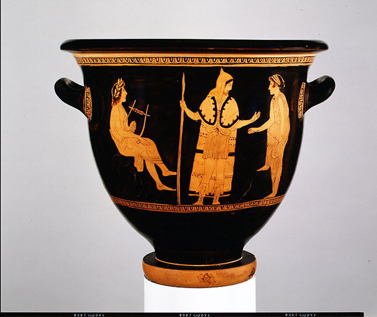 Terracotta bell-krater (bowl for mixing wine and water), Attributed to the Painter of London E 497, Terracotta, Greek, Attic 