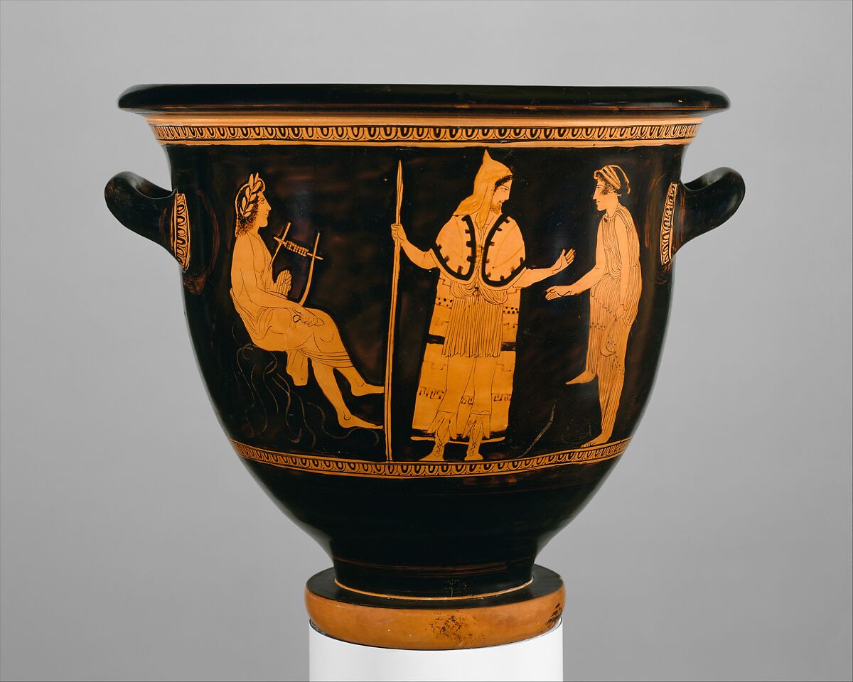 Terracotta bell-krater (bowl for mixing wine and water), Attributed to the Painter of London E 497, Terracotta, Greek, Attic