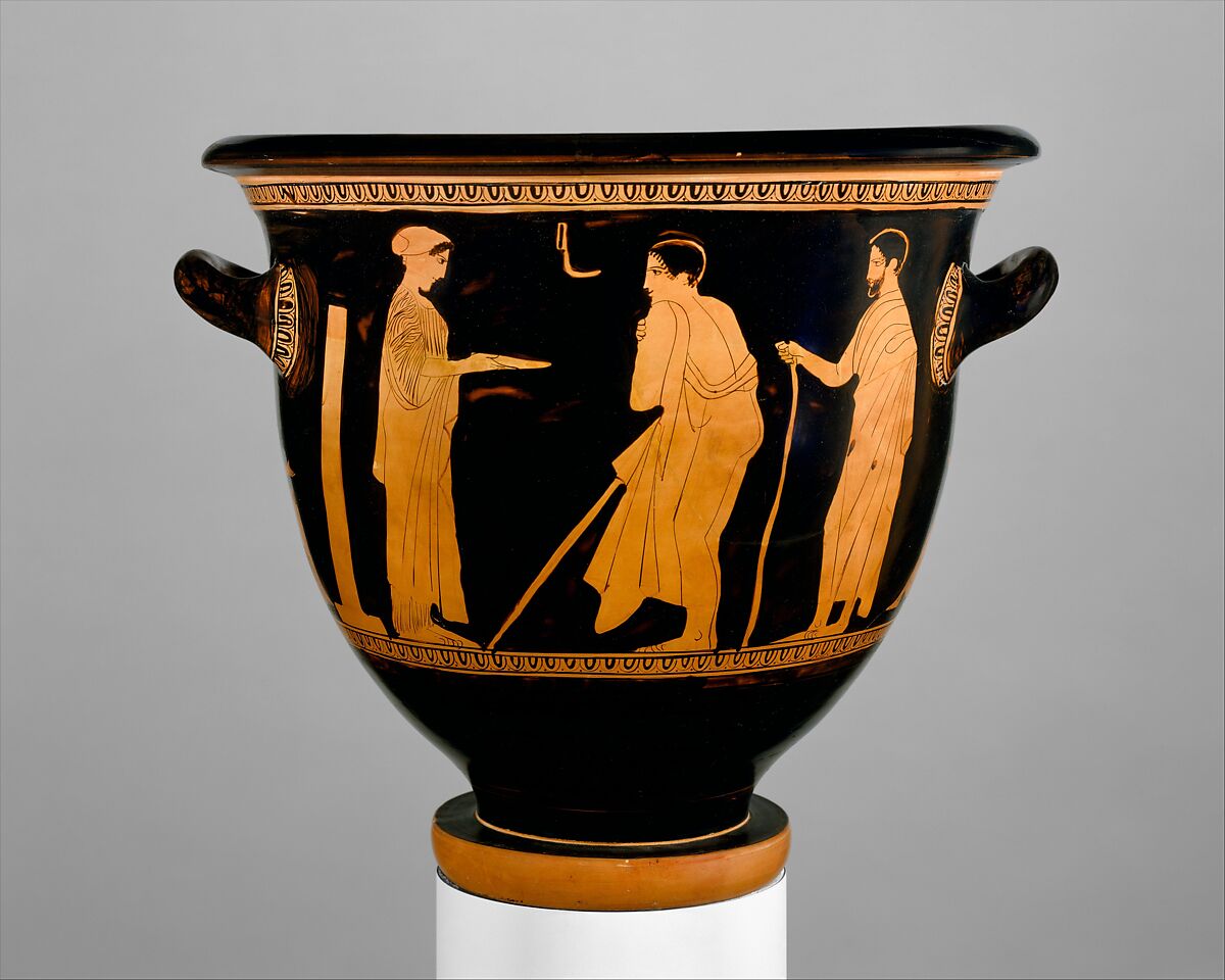 Terracotta bell-krater (bowl for mixing wine and water), Attributed to the Painter of London E 497, Terracotta, Greek, Attic
