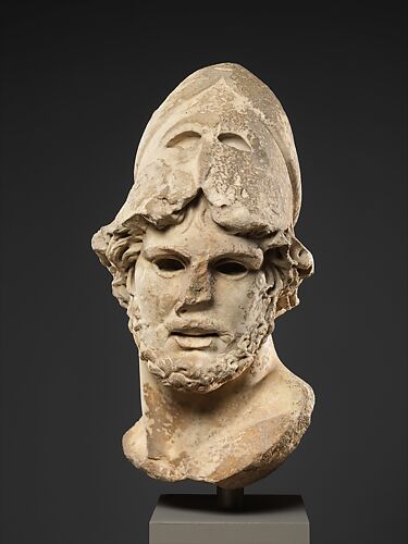 Marble bust of Herodotos. Culture: Roman. Dimensions: H. 18 3/4 in. (47.6  cm). Date: 2nd century A.D.. Copy of a Greek bronze statue of the first  half of the fourth century B.C.