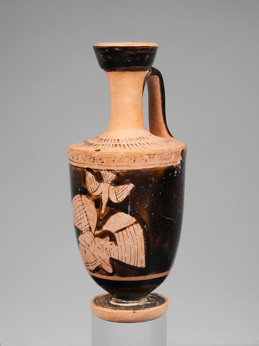 Terracotta lekythos (oil flask), Attributed to the Icarus Painter, Terracotta, Greek, Attic 