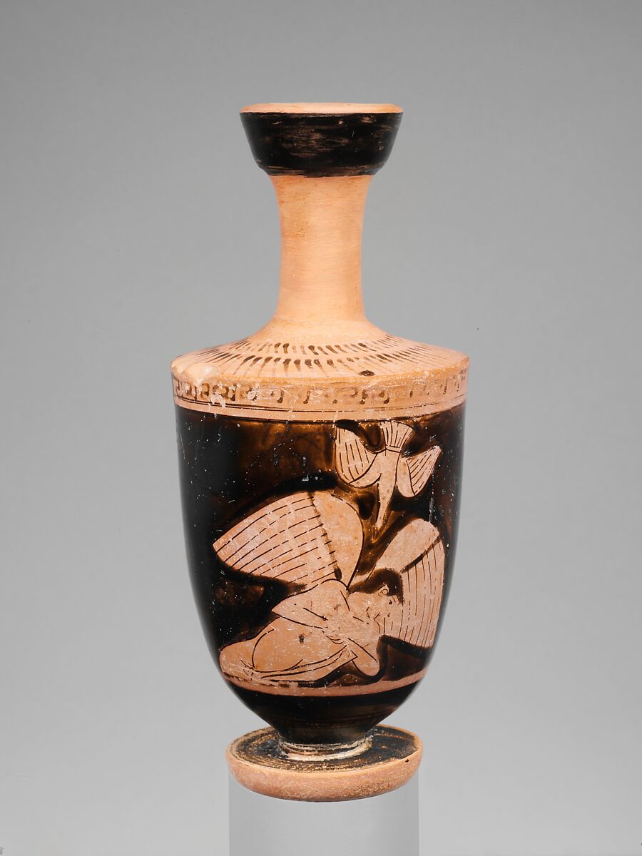 Terracotta lekythos (oil flask), Attributed to the Icarus Painter, Terracotta, Greek, Attic