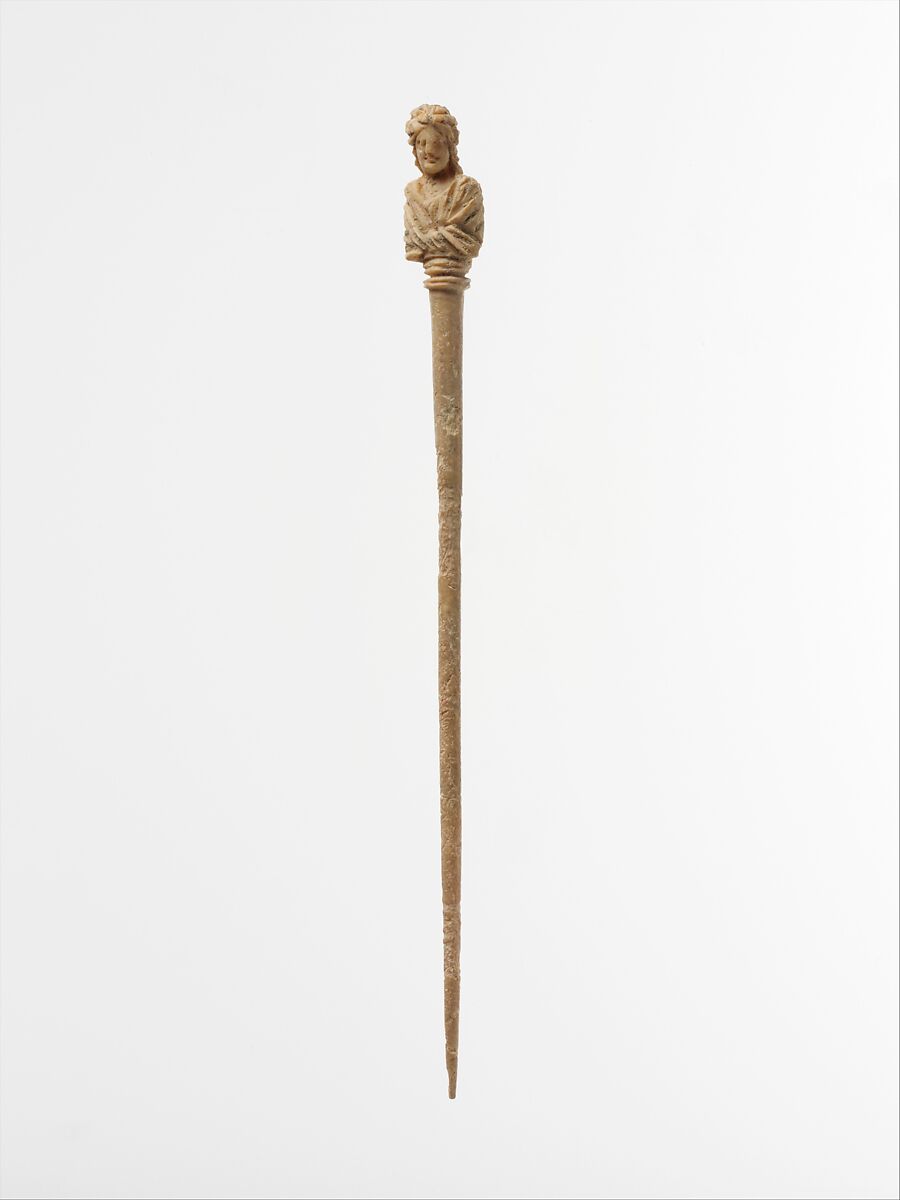 Bone hairpin with bust of a woman, Bone, Roman 