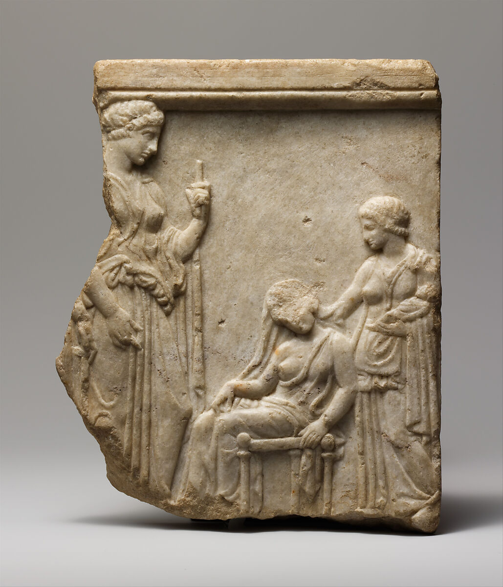 Marble votive relief fragment of goddesses, mother, nurse, and infant, Marble, Island, Greek 