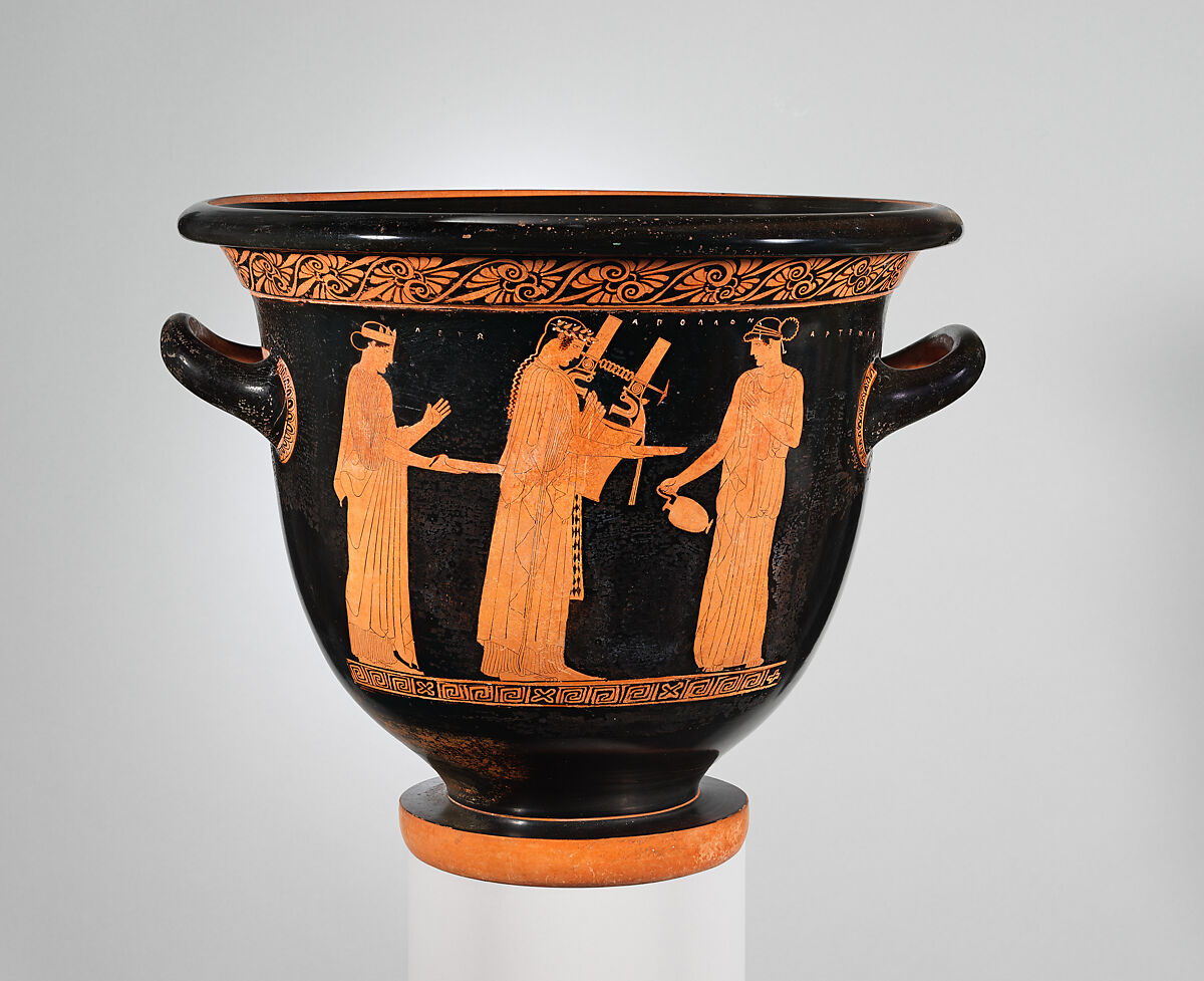 Terracotta bell-krater (bowl for mixing wine and water), Attributed to the Villa Giulia Painter, Terracotta, Greek, Attic 