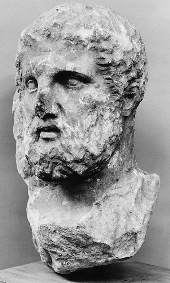 Marble head of a bearded man from a grave marker, Marble, Pentelic, Greek, Attic 