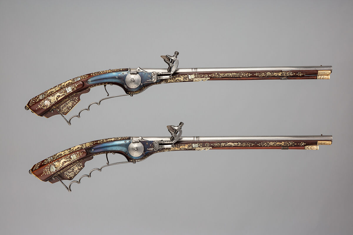 Pair of Wheellock Pistols or Carbines, Steel, mother-of-pearl, staghorn, wood (cherry or fruitwood), Silesian, probably Teschen 