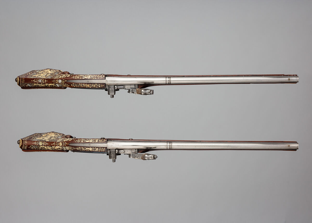 Pair of Wheellock Pistols or Carbines, Steel, mother-of-pearl, staghorn, wood (cherry or fruitwood), Silesian, probably Teschen