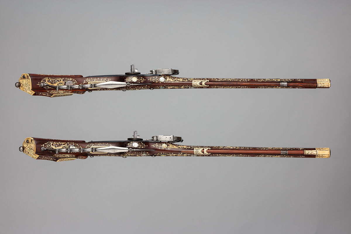 Pair of Wheellock Pistols or Carbines, Steel, mother-of-pearl, staghorn, wood (cherry or fruitwood), Silesian, probably Teschen