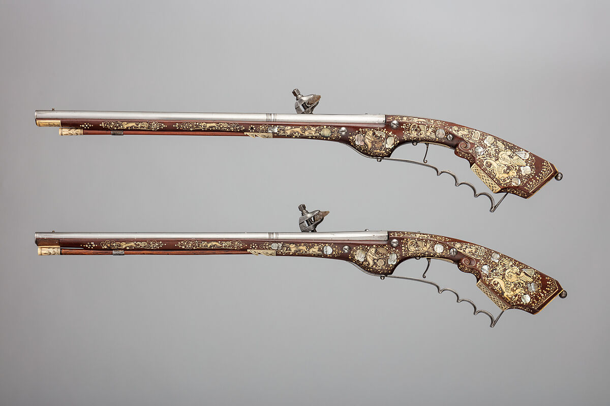 Pair of Wheellock Pistols or Carbines, Steel, mother-of-pearl, staghorn, wood (cherry or fruitwood), Silesian, probably Teschen