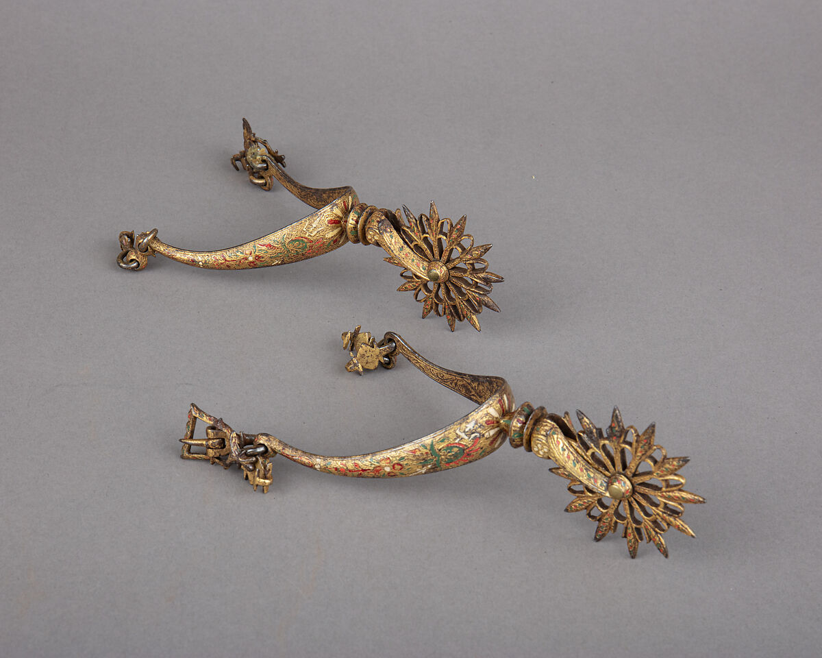 Pair of Rowel Spurs, Iron alloy, gold, enamel, French 