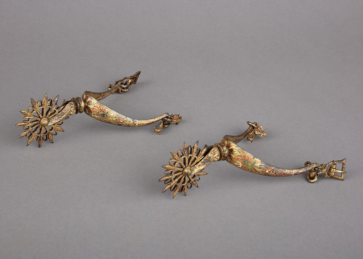 Pair of Rowel Spurs, Iron alloy, gold, enamel, French