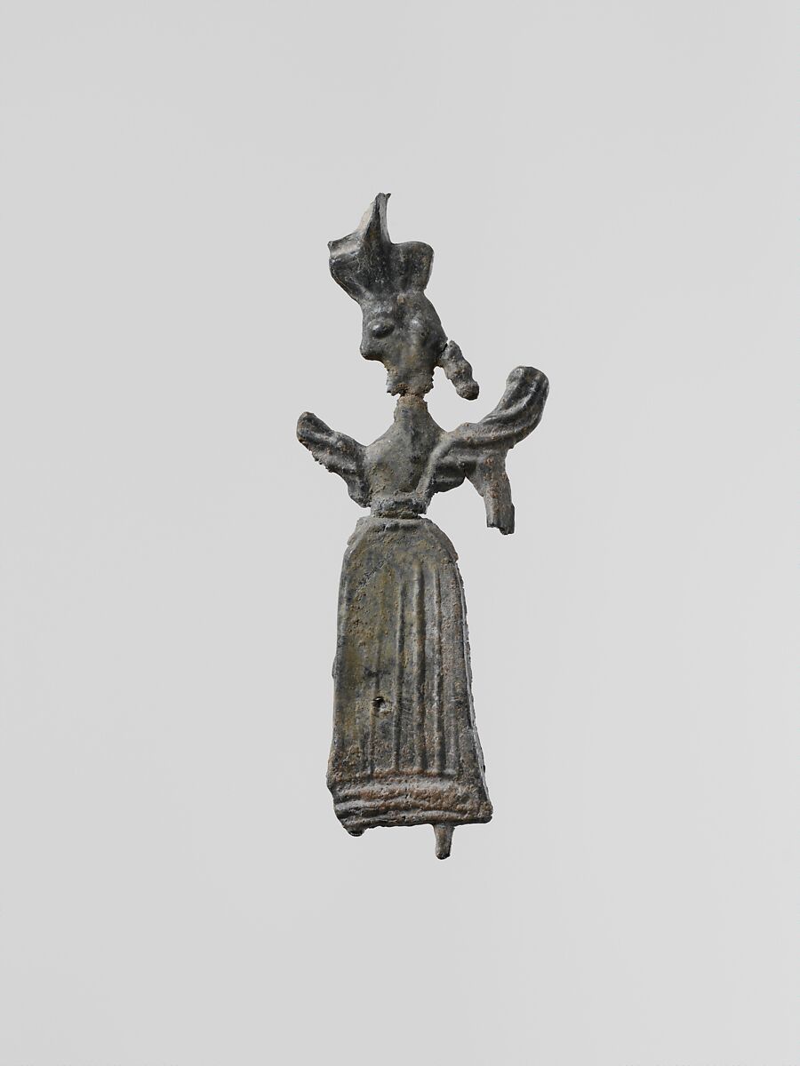 Lead figure of a winged goddess, possibly Artemis Orthia, Lead, Greek, Laconian 