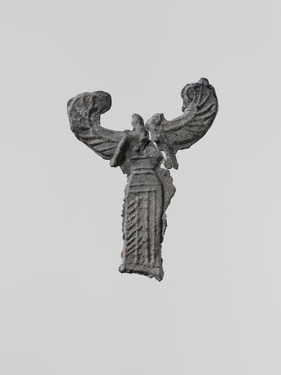 Lead figure of a winged goddess, possibly Artemis Orthia, Lead, Greek, Laconian 