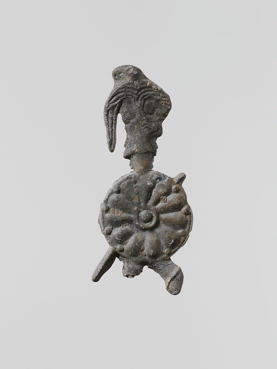 Lead figure of a warrior with a helmet, shield, and spear, Lead, Greek, Laconian 