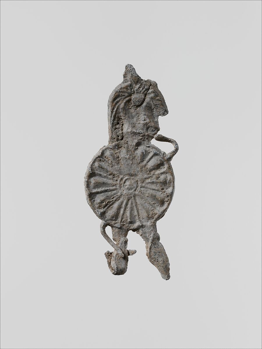 Lead figure of a warrior with a helmet, shield, and spear, Lead, Greek, Laconian 
