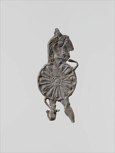 Lead figure of a warrior with a helmet, shield, and spear