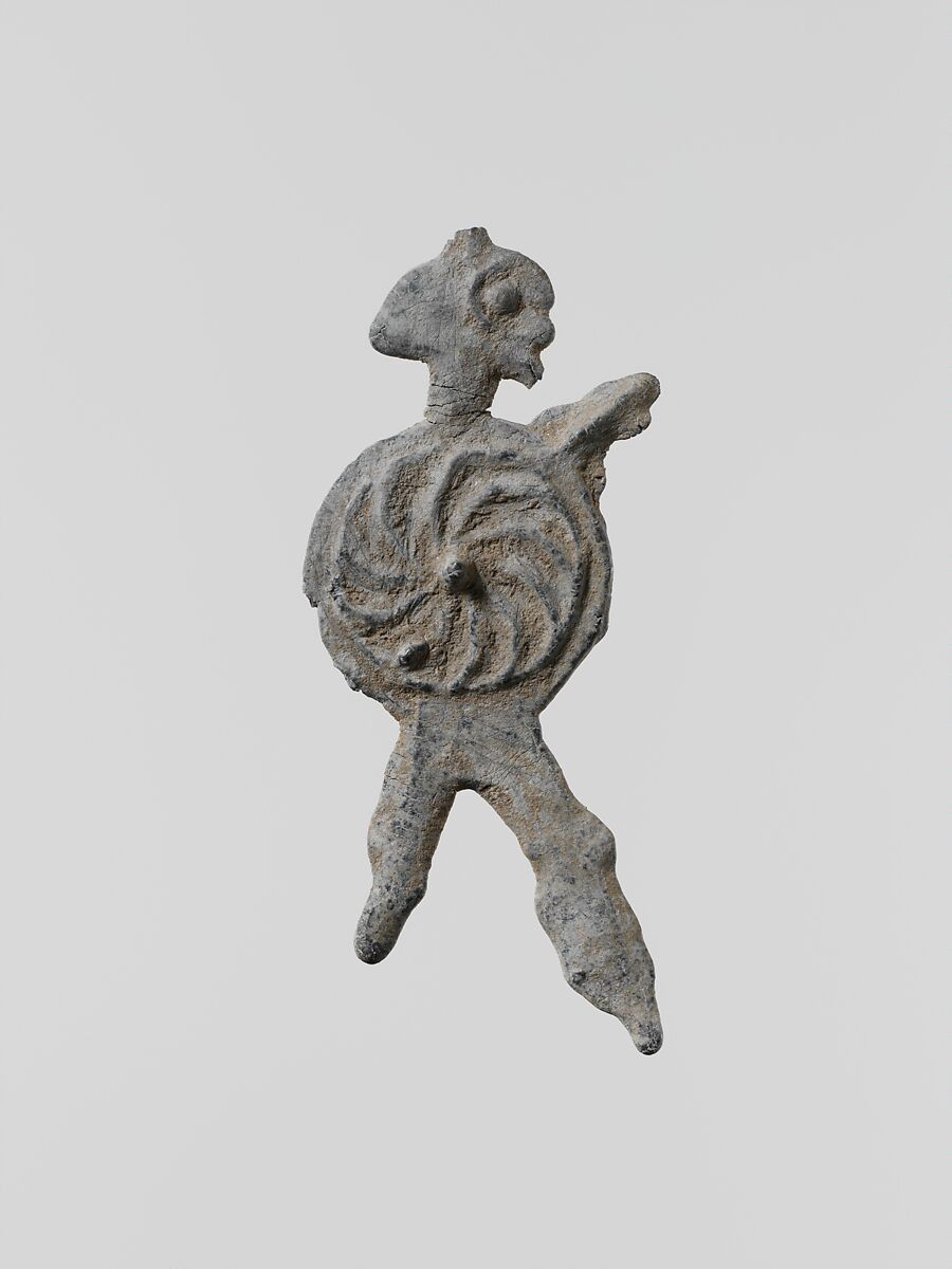 Lead figure of a warrior with a spear and shield, Lead, Greek, Laconian 